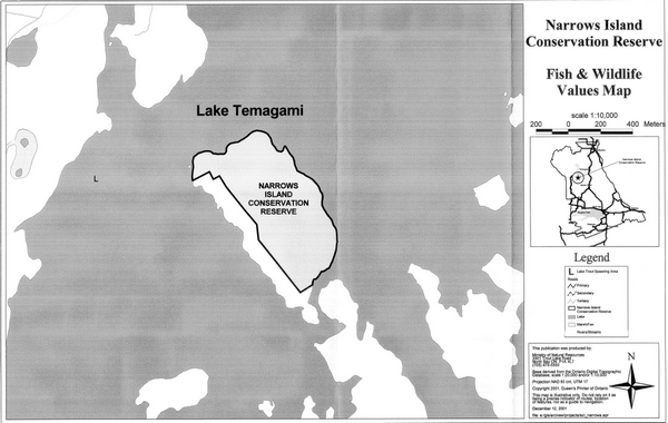 Map showing the Fish and Wildlife values inside of Narrows Island Conservation Reserve