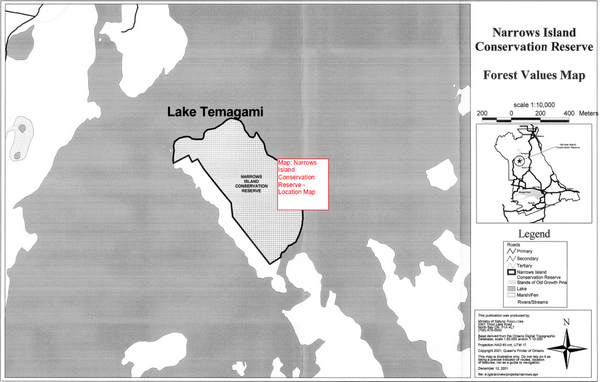 Map showing the Forest values inside of Narrows Island Conservation Reserve