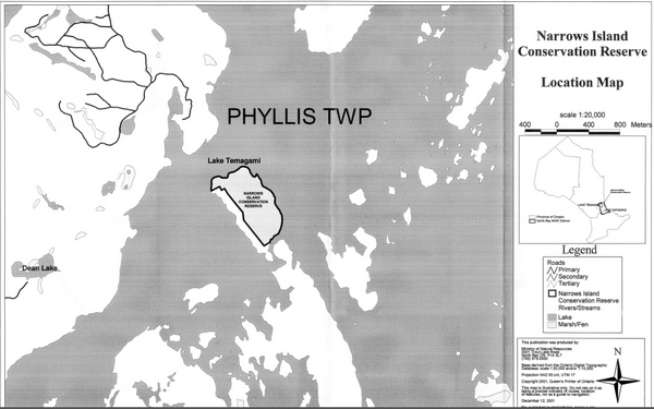 Map showing the location of Narrows Island Conversation Reserve in relation to surrounding region