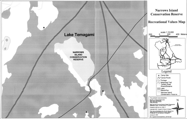 Map showing the Recreational Values map inside of Narrows Island Conservation Reserve