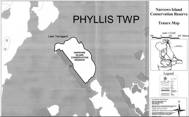 Map showing the tenure values inside of Narrows Island Conservation Reserve