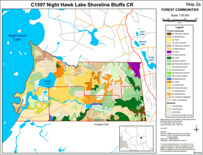 Map showing the various forest communities inside of Night Hawk Lake Shorelines Bluffs Conservation Reserve 