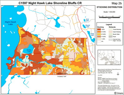 Map showing the stocking distribution inside of Night Hawk Lake Shorelines Bluffs Conservation Reserve