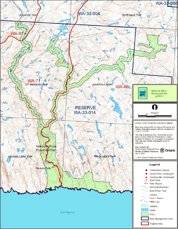Map showing the trap lines and bear management areas inside of Nimoosh Provincial Park