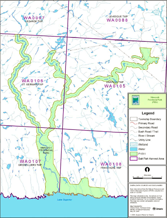 Map showing the baitfish areas inside of Nimoosh Provincial Park