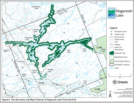 <ap showing the park boundaries and major features found inside of Noganosh Lake Provincial Park