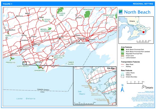 Regional setting map of North Beach Provincial Park showing land, transportation and base features.