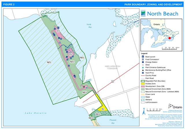 Map of North Beach Provincial Park showing park boundary, zoning areas and development areas.