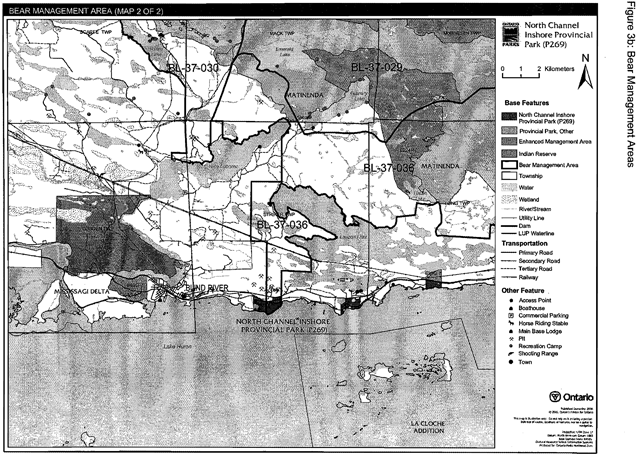 Greyscale map depicts the Park Bear Management Areas with black lines, and base features, transportation infastructure and boathouse, Base lodge, recreation camp, town and pits with dashed lines and shades of grey.