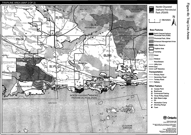 Greyscale map depicts the Trap Line Areas with black lines, and base features, transportation infastructure and boathouse, Base lodge, recreation camp.