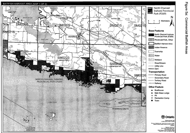 Greyscale map depicts the Baitfish Harvest Areas with black lines, and base features, transportation infastructure and boathouse, Base lodge, recreation camp, town and pits with dashed lines and shades of grey.