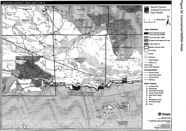 Greyscale map depicts the Baitfish Harvest Areas with black lines, and base features, transportation infastructure and boathouse, Base lodge, recreation camp, town and pits with dashed lines and shades of grey.