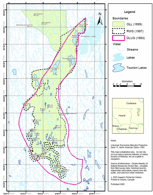 This is figure 1 map depicting the historical land use boundaries for north of the North French River area. The three land use boundaries are the Ontario Living Legacy (OLL), Remote Wilderness Tourism Strategy (RWS) and District Land Use Guidelines (DLUG).