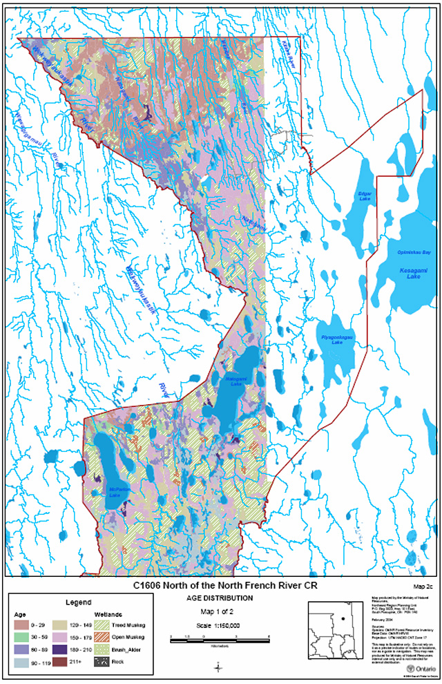 This map Age Distribution Map 1 of 2 showing the age distribution North of the French River Conservation Reserve of local vegetation and forest communities. The age ranges from 0 to more than 211 years