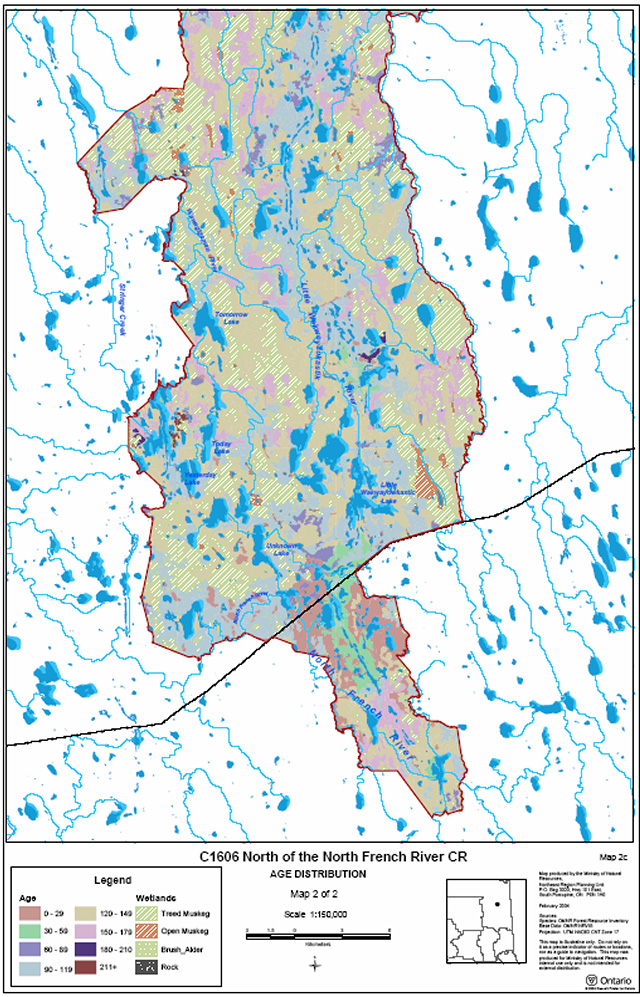 This map is Age Distribution Map 2 of 2 showing the age distribution North of the French River Conservation Reserve of local vegetation and forest communities. The age ranges from 0 to more than 211 years