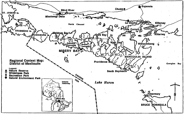 Regional context map of Misery Bay Provincial Park in the District of Manitoulin. The map shows nature reserves, wilderness parks, recreation parks, natural environment parks and other areas.