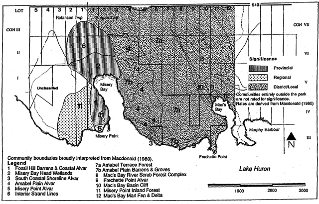 Map of Misery Bay Provincial Park showing significant vegetation communities, community boundaries and the provincial, regional or district/local significance of the communities.