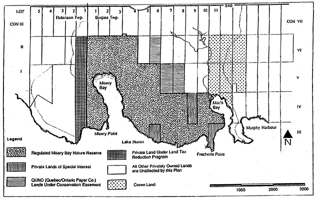 Map of Misery Bay Provincial Nature Reserve showing regulated park boundary and adjoining lands.