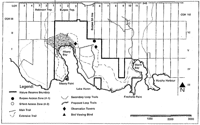 Map of Misery Bay Provincial Nature Reserve showing proposed zoning and development for day use facilities.