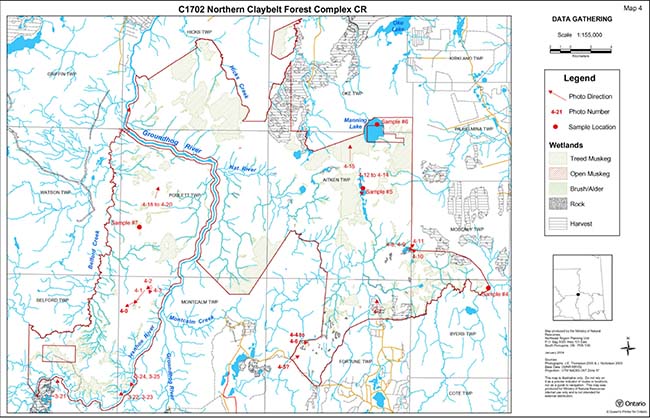 Map showing data gathering in Northern Claybelt Forest Complex Conservation Reserve