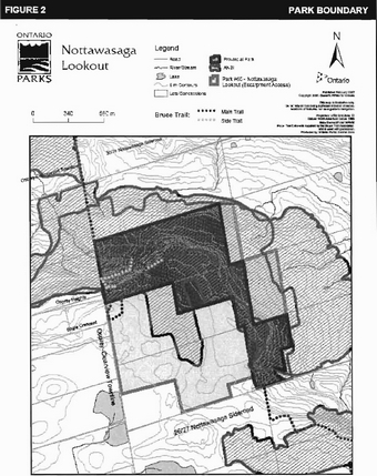 This map shows the park boundary of Nottawasaga Lookout Provincial Nature Reserve