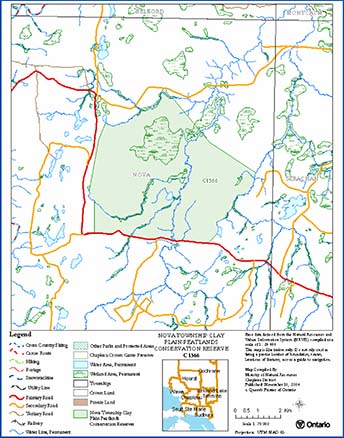Map showing Nova Township Clay Plain Peatlands Conservation Reserve Boundary