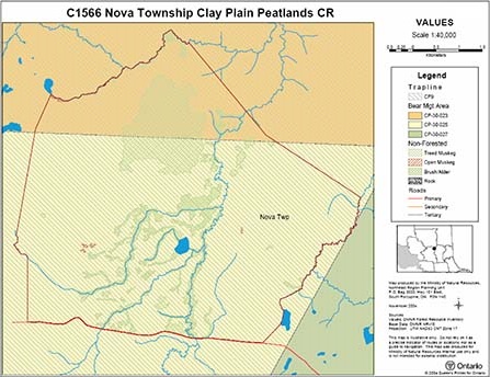 Map showing Nova Township Clay Plain Peatlands Conservation Reserve Values