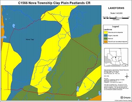 Map showing Nova Township Clay Plain Peatlands Conservation Reserve Earth Science