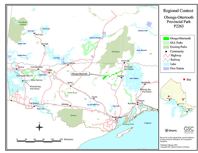 This map shows detailed information about Regional Context Obonga-Ottertooth Provincial Park.