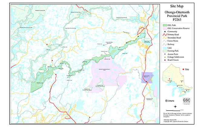 This map shows detailed information about Site Map Obonga-Ottertooth Provincial Park.