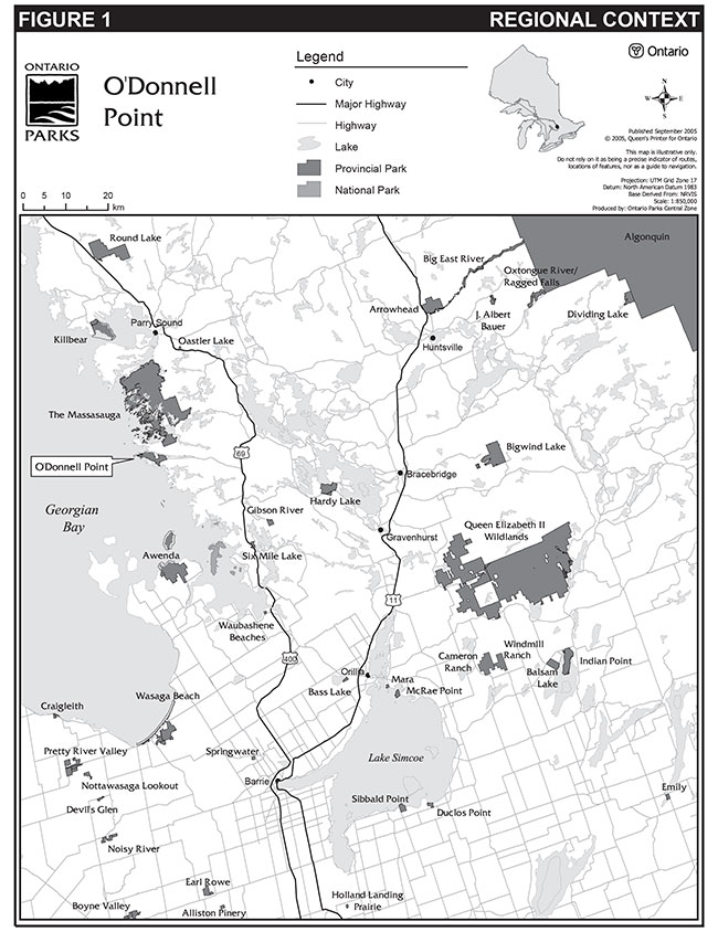This map shows detailed information about Regional Context, O'Donnell Point Provincial Park.