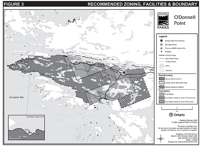 This map shows detailed information about Recommended Zoning, Facilities & Boundary, O'Donnell Point Provincial Park.