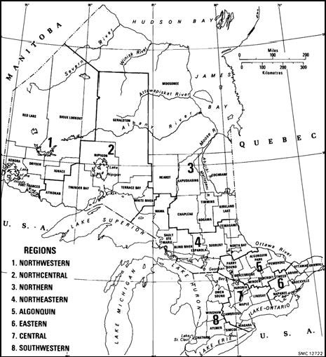 black and white map of the administrative districts and regions of the Ontario Ministry of Natural Resources in 1978.