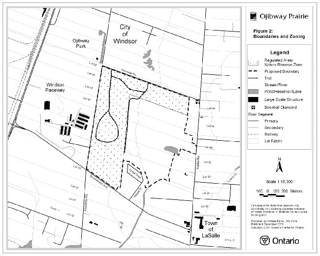 This map shows detailed information about Boundaries and Zoning in Ojibway Prairie Provincial Park. 