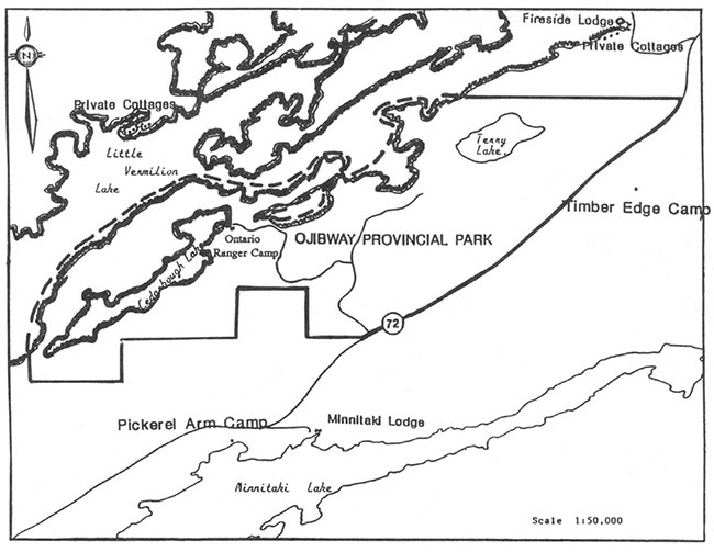 This map shows detailed information about Park Boundary in Ojibway Provincial Park.