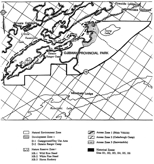 This map shows detailed information aboout Park Zoning in Ojibway Provincial Park.