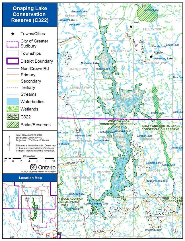 This map shows detailed information regarding Site location map for Onaping Lake Conservation Reserve.