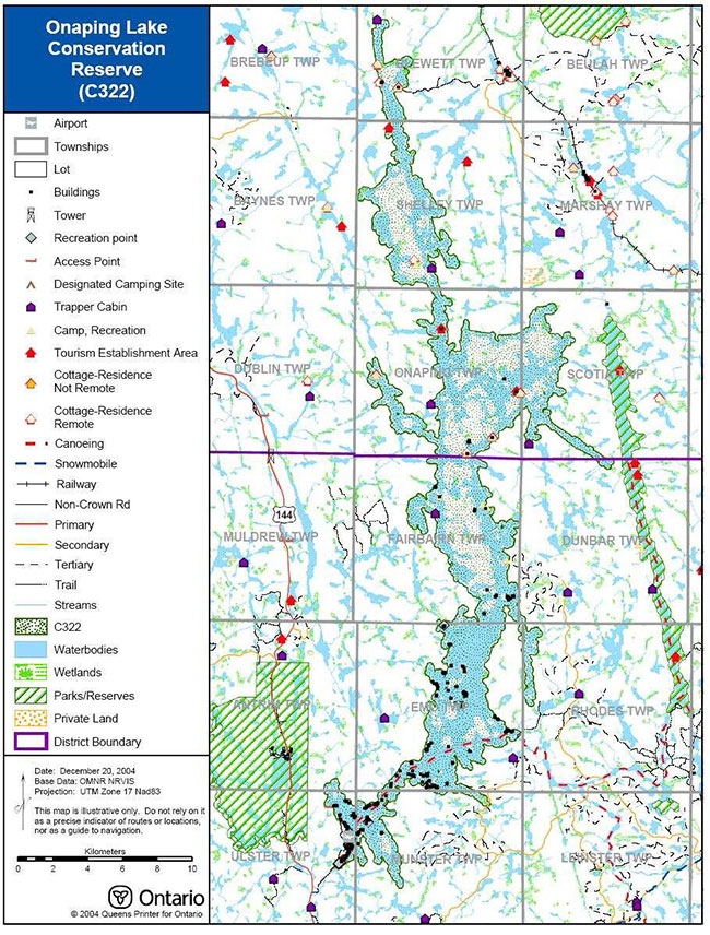 This map shows detailed information about Recreational Values of Onaping Lake Conservation Reserve.