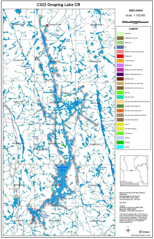 This map shows detailed information about Wetland Communities within Onaping Lake Conservation Reserve.