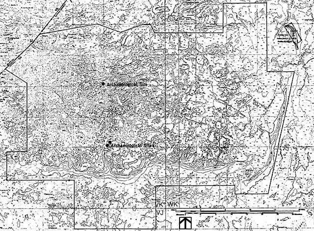 Cultural resources map showing the locations of three known archaeological sites in Opasquia Provincial Park.