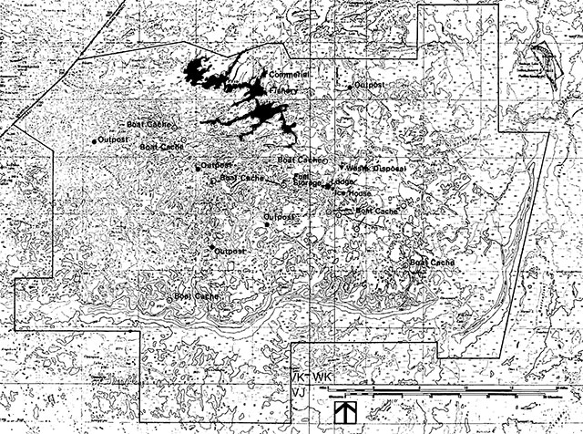 Map showing existing facilities in Opasquia Provincial Park.