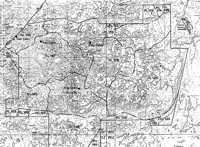 Map showing the locations of traplines and trap cabins in Opasquia Provincial Park.