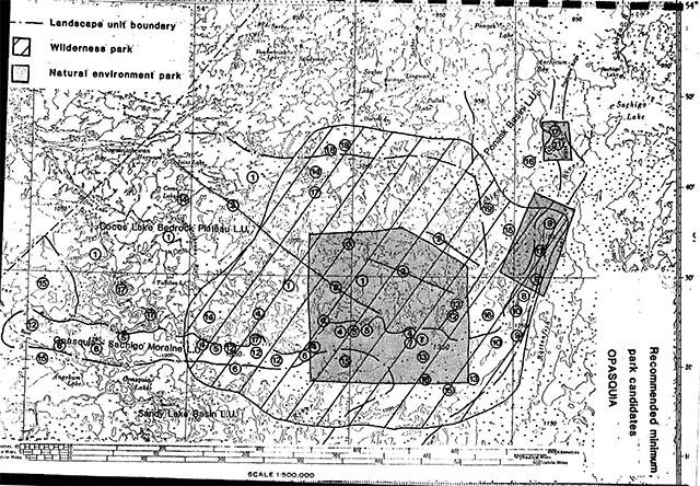 Map of Opasquia Provincial Park showing important physical features listed above. Wilderness park and natural environment park areas are indicated on the map.