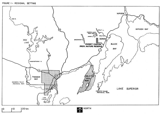 This is figure 1 regional settings map of Ouimet Canyon Provincial Nature Reserve