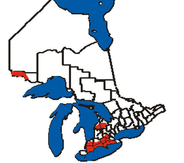 map depicts the range of the American Badger in Southern and Western Ontario in red.