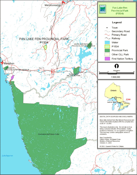 Map showing the location of Pan Lake Fen Provincial Park in relation to the surrounding region.