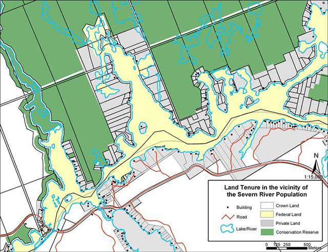 Line map of current land tenure and existing habitat protection at the Severn River site. Legend states that white areas represent crown land, grey areas represent private land, yellow areas represent federal land, green area represent conservation reserve, blue outlines represent a lake or river, red lines represent roads, and black circles represent buildings.