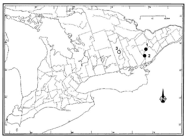 distribution of Ogden’s Pondweed in Ontario. The open circle is an 1873 record that is plotted in central Hastings County due to vague locality data. The closed circles represent sites confirmed in 1974 and 1987.
