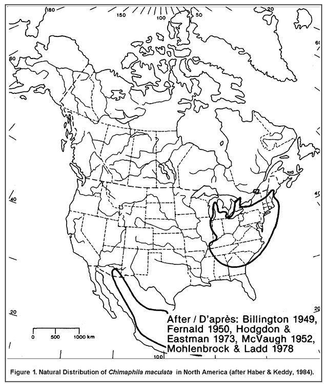 This is figure 1 map depicting the distribution of Spotted Wintergreen in North America
