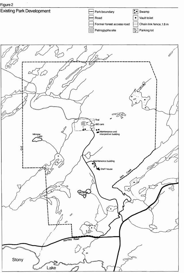 A map of existing park development within Petroglyphs Provincial Park